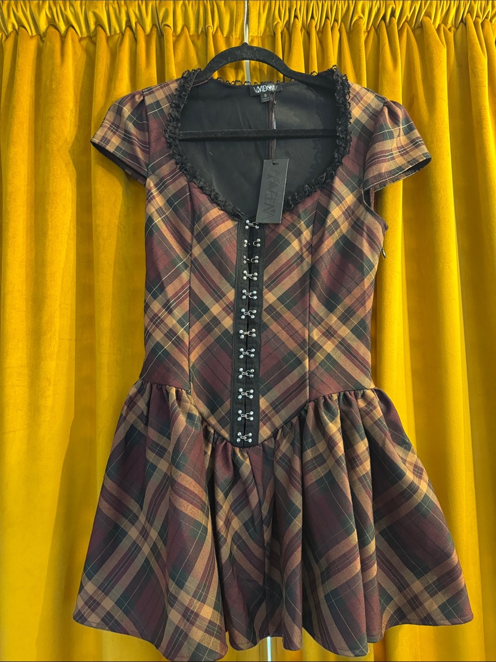 🔥Dollskill🔥 Tartan Plaid Hook-and-Eye Fit-and-Flare Dress in Burgundy and tan.
